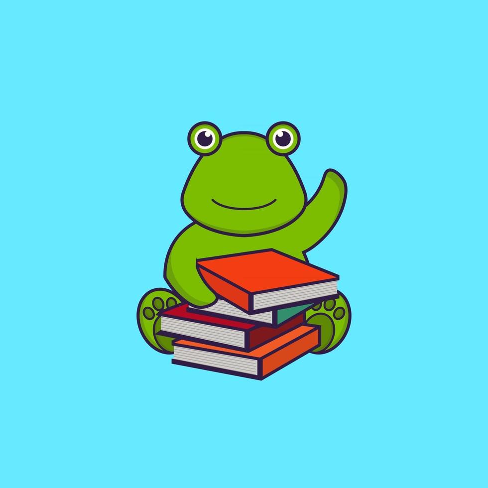 grenouille mignonne lisant un livre. concept de dessin animé animal isolé. peut être utilisé pour un t-shirt, une carte de voeux, une carte d'invitation ou une mascotte. style cartoon plat vecteur