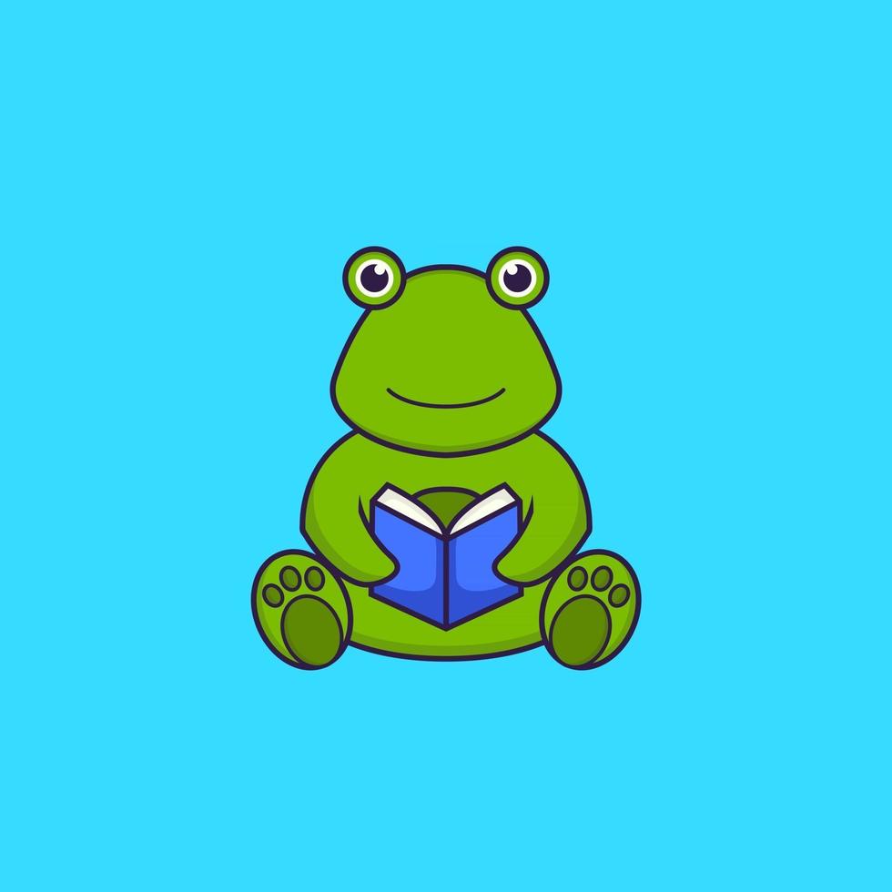 grenouille mignonne lisant un livre. concept de dessin animé animal isolé. peut être utilisé pour un t-shirt, une carte de voeux, une carte d'invitation ou une mascotte. style cartoon plat vecteur