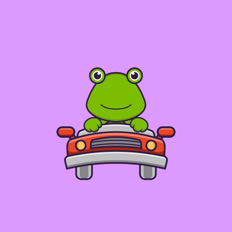 la grenouille mignonne conduit. concept de dessin animé animal isolé. peut être utilisé pour un t-shirt, une carte de voeux, une carte d'invitation ou une mascotte. style cartoon plat vecteur