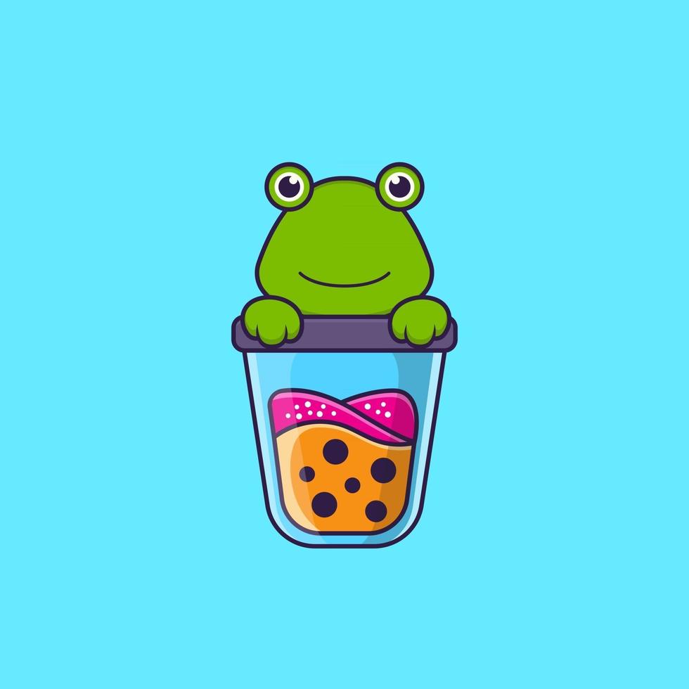 grenouille mignonne buvant du thé au lait boba. concept de dessin animé animal isolé. peut être utilisé pour un t-shirt, une carte de voeux, une carte d'invitation ou une mascotte. style cartoon plat vecteur