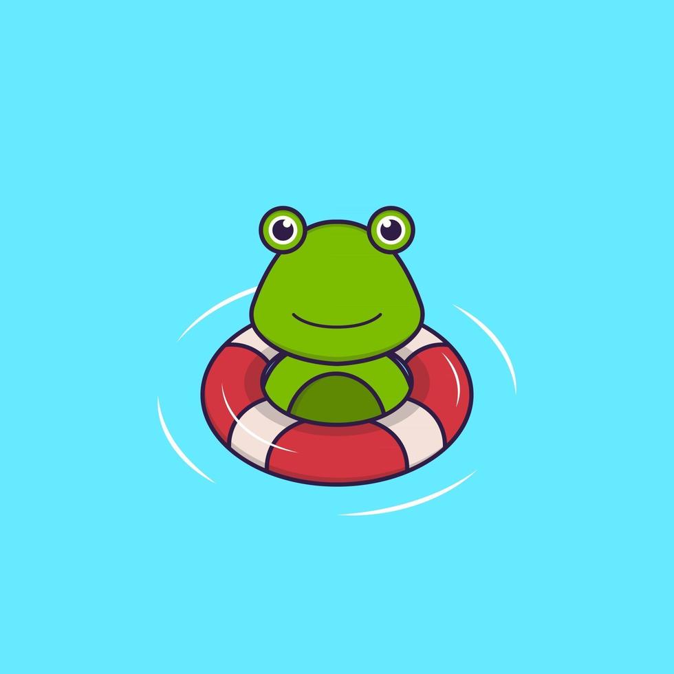 grenouille mignonne nage avec une bouée. concept de dessin animé animal isolé. peut être utilisé pour un t-shirt, une carte de voeux, une carte d'invitation ou une mascotte. style cartoon plat vecteur