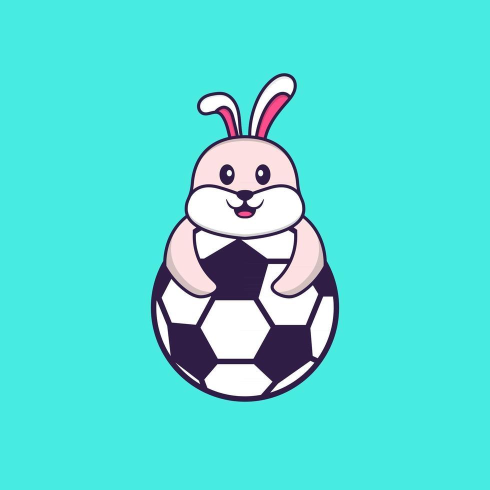 lapin mignon jouant au football. concept de dessin animé animal isolé. peut être utilisé pour un t-shirt, une carte de voeux, une carte d'invitation ou une mascotte. style cartoon plat vecteur