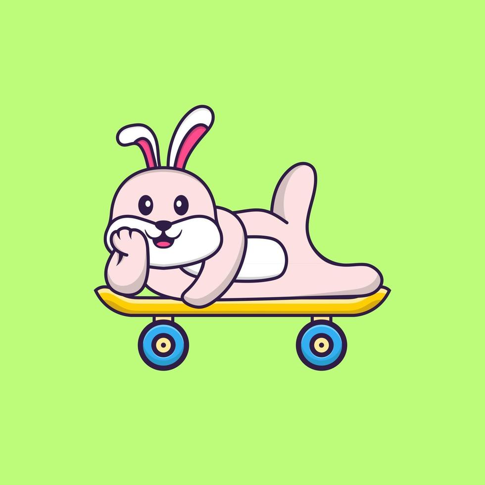 lapin mignon allongé sur une planche à roulettes. concept de dessin animé animal isolé. peut être utilisé pour un t-shirt, une carte de voeux, une carte d'invitation ou une mascotte. style cartoon plat vecteur