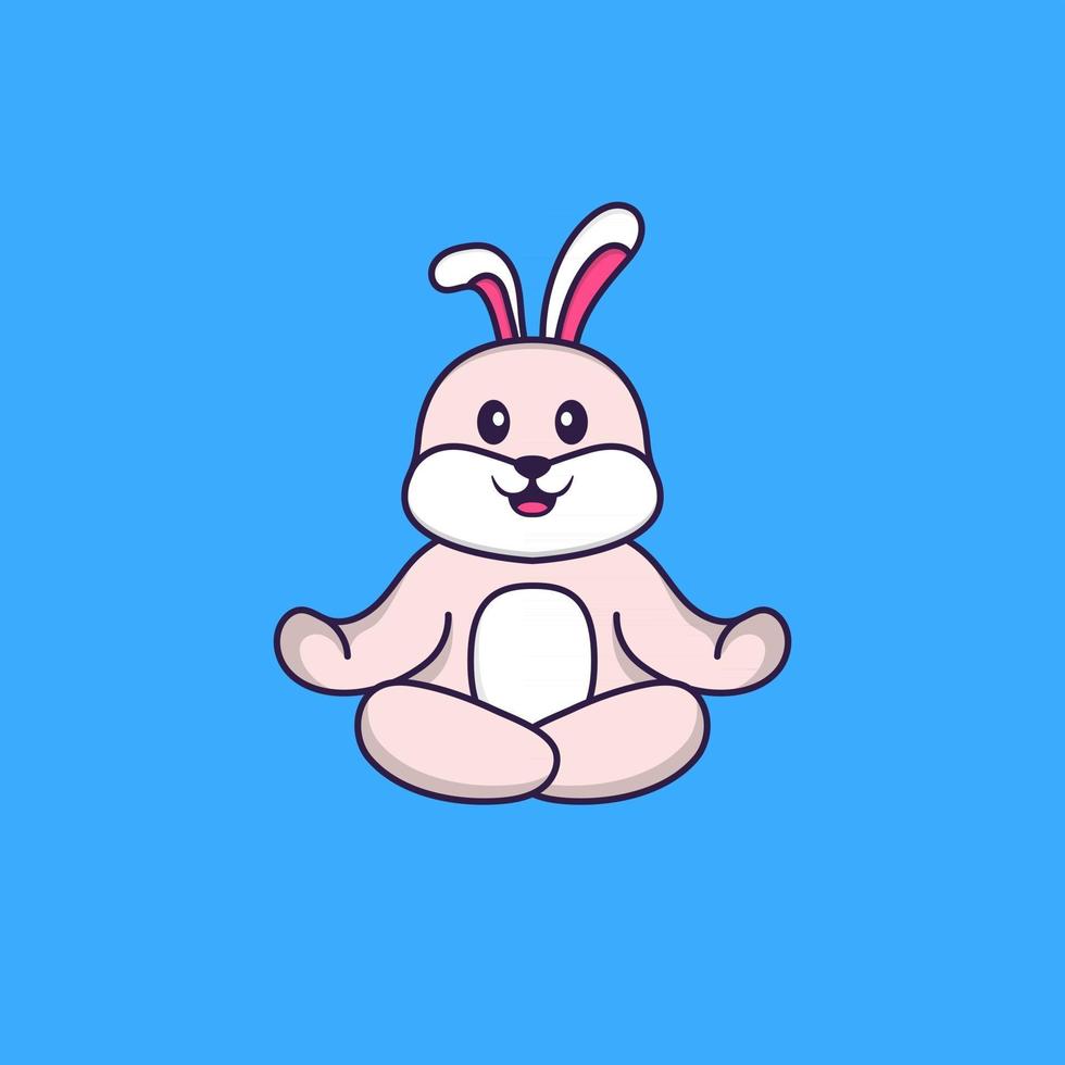 le lapin mignon médite ou fait du yoga. concept de dessin animé animal isolé. peut être utilisé pour un t-shirt, une carte de voeux, une carte d'invitation ou une mascotte. style cartoon plat vecteur