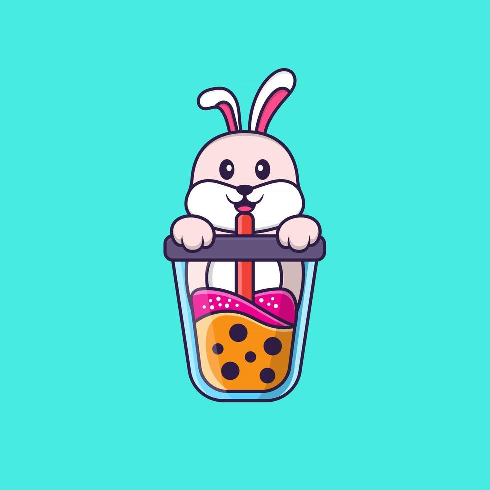 lapin mignon buvant du thé au lait boba. concept de dessin animé animal isolé. peut être utilisé pour un t-shirt, une carte de voeux, une carte d'invitation ou une mascotte. style cartoon plat vecteur