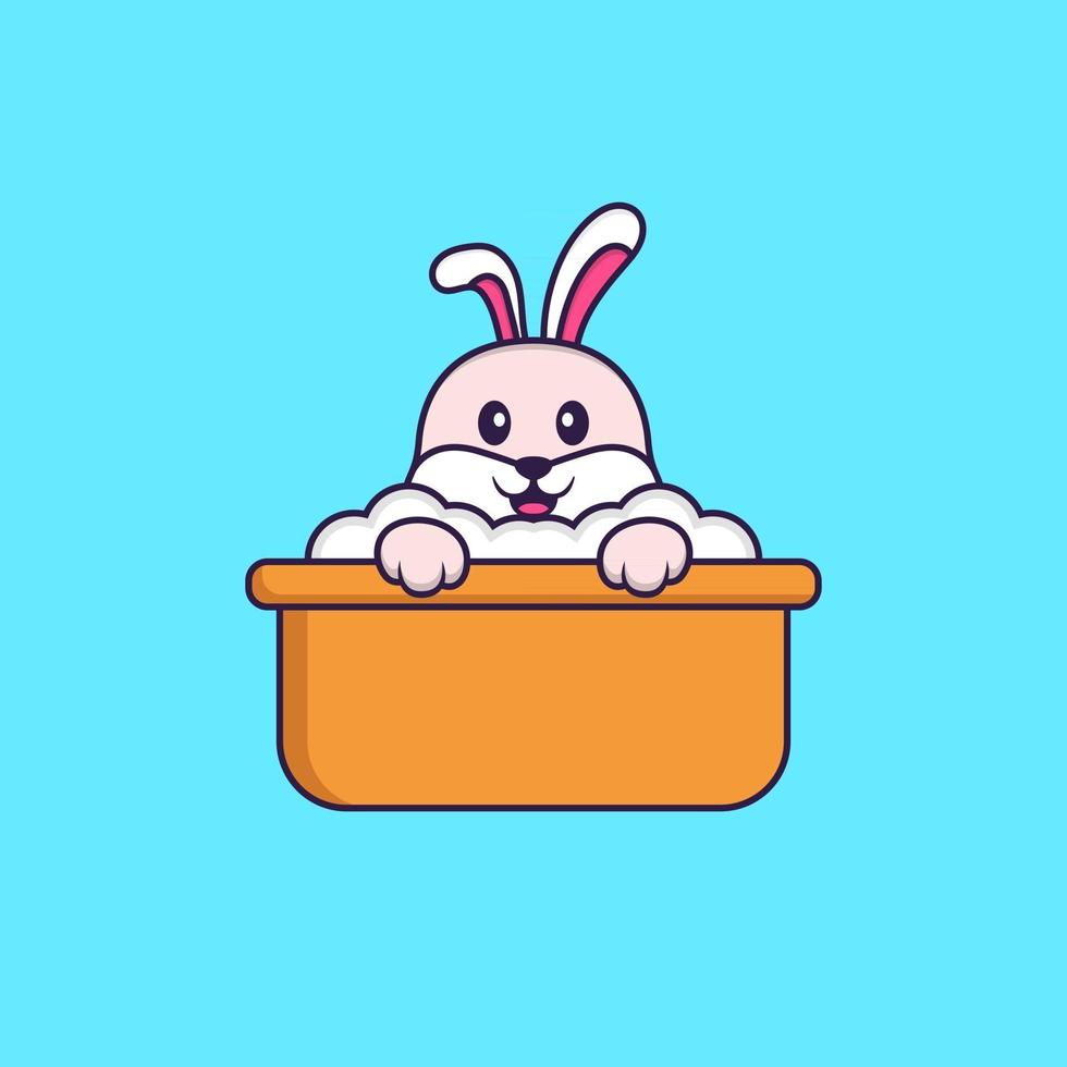 lapin mignon prenant un bain dans la baignoire. concept de dessin animé animal isolé. peut être utilisé pour un t-shirt, une carte de voeux, une carte d'invitation ou une mascotte. style cartoon plat vecteur