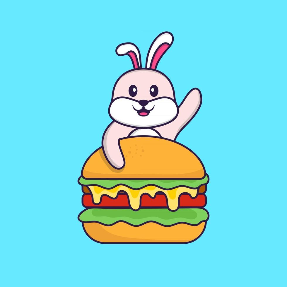 lapin mignon mangeant un hamburger. concept de dessin animé animal isolé. peut être utilisé pour un t-shirt, une carte de voeux, une carte d'invitation ou une mascotte. style cartoon plat vecteur