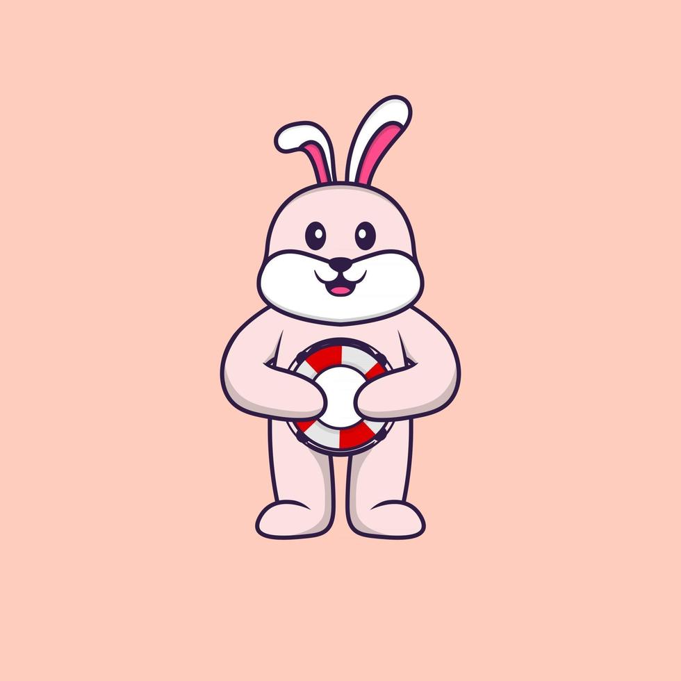 lapin mignon tenant une bouée. concept de dessin animé animal isolé. peut être utilisé pour un t-shirt, une carte de voeux, une carte d'invitation ou une mascotte. style cartoon plat vecteur