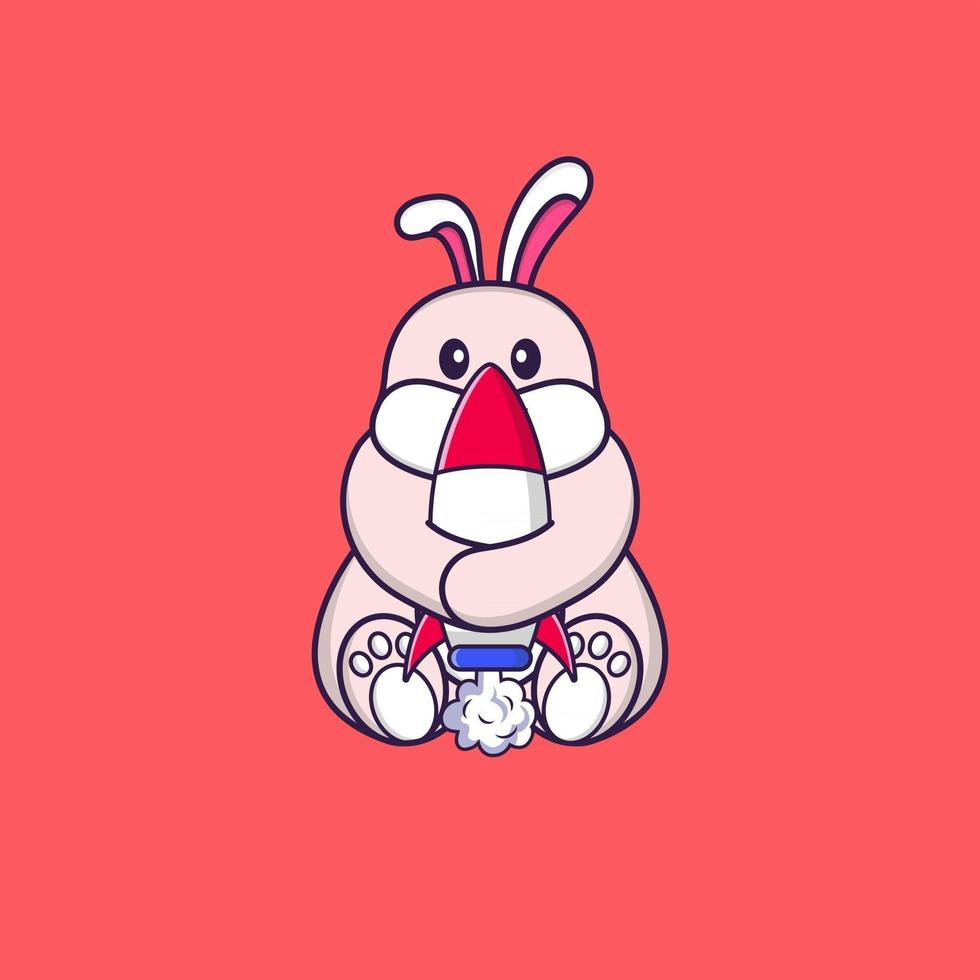 lapin mignon tenant une fusée. concept de dessin animé animal isolé. peut être utilisé pour un t-shirt, une carte de voeux, une carte d'invitation ou une mascotte. style cartoon plat vecteur