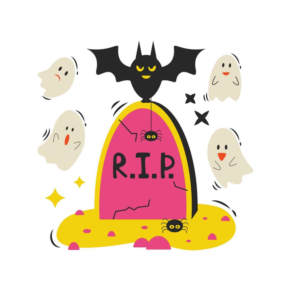 ensemble de dessin animé Halloween éléments. une pierre tombale avec une chauve souris, des fantômes et une araignée. vecteur