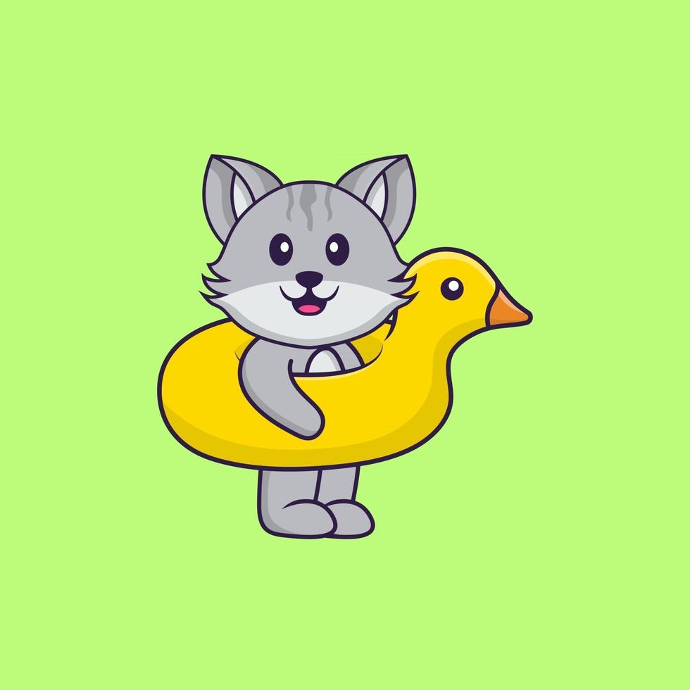 chat mignon avec bouée de canard. concept de dessin animé animal isolé. peut être utilisé pour un t-shirt, une carte de voeux, une carte d'invitation ou une mascotte. style cartoon plat vecteur