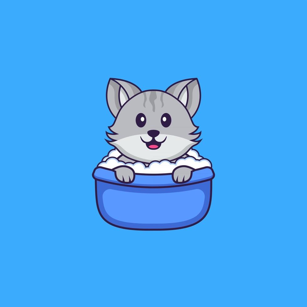 chat mignon prenant un bain dans la baignoire. concept de dessin animé animal isolé. peut être utilisé pour un t-shirt, une carte de voeux, une carte d'invitation ou une mascotte. style cartoon plat vecteur