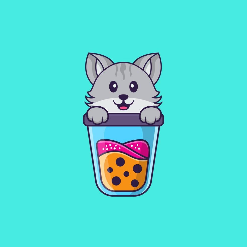 chat mignon buvant du thé au lait boba. concept de dessin animé animal isolé. peut être utilisé pour un t-shirt, une carte de voeux, une carte d'invitation ou une mascotte. style cartoon plat vecteur