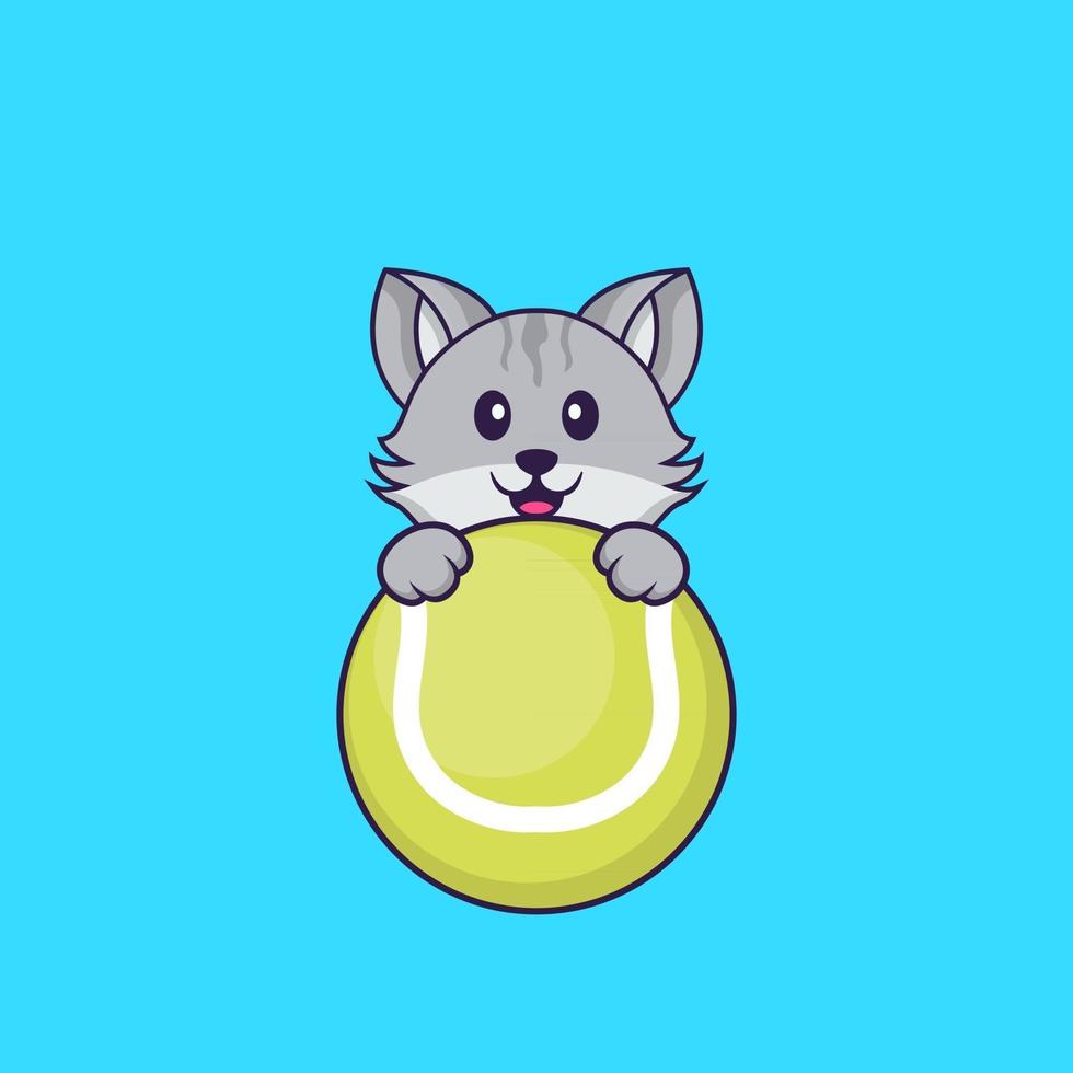 chat mignon jouant au tennis. concept de dessin animé animal isolé. peut être utilisé pour un t-shirt, une carte de voeux, une carte d'invitation ou une mascotte. style cartoon plat vecteur