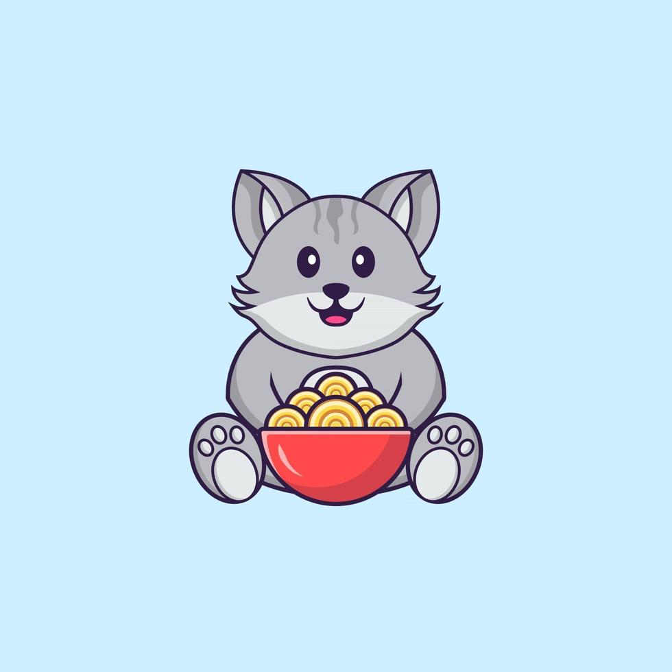 chat mignon mangeant des nouilles ramen. concept de dessin animé animal isolé. peut être utilisé pour un t-shirt, une carte de voeux, une carte d'invitation ou une mascotte. style cartoon plat vecteur