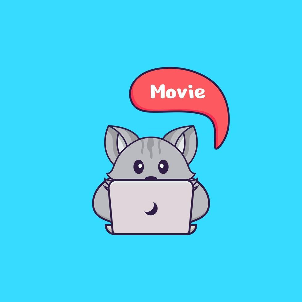 chat mignon regarde un film. concept de dessin animé animal isolé. peut être utilisé pour un t-shirt, une carte de voeux, une carte d'invitation ou une mascotte. style cartoon plat vecteur