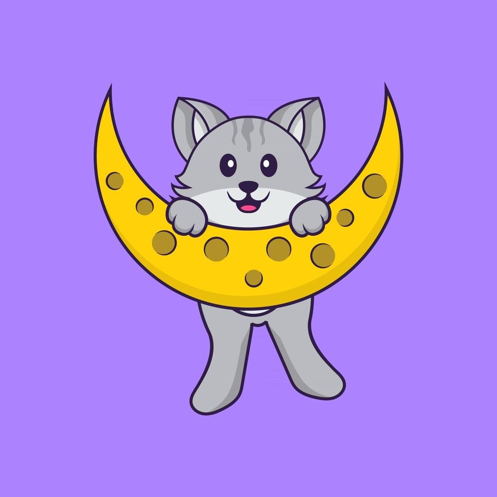 chat mignon est sur la lune. concept de dessin animé animal isolé. peut être utilisé pour un t-shirt, une carte de voeux, une carte d'invitation ou une mascotte. style cartoon plat vecteur