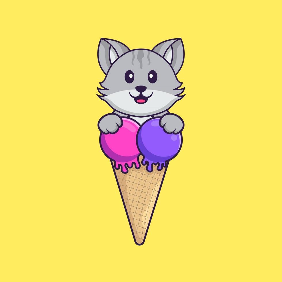 chat mignon avec de la crème glacée sucrée. concept de dessin animé animal isolé. peut être utilisé pour un t-shirt, une carte de voeux, une carte d'invitation ou une mascotte. style cartoon plat vecteur