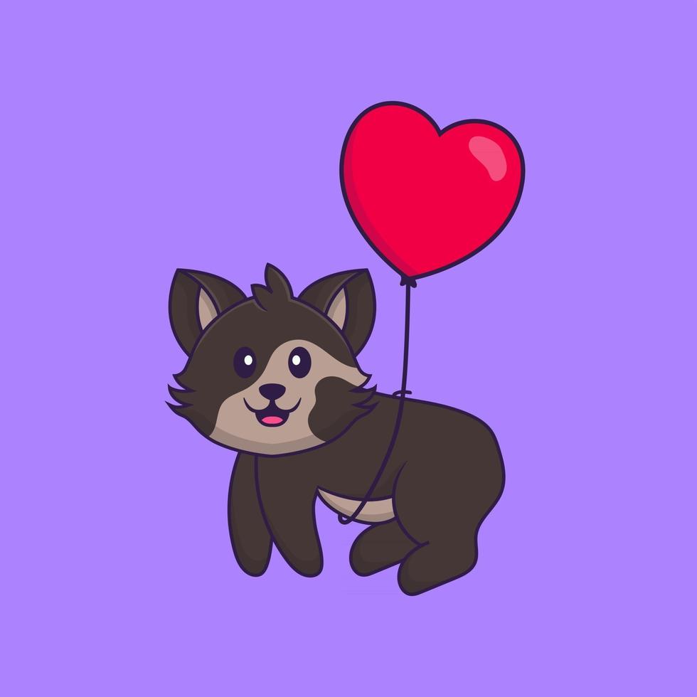 chat mignon volant avec des ballons en forme d'amour. concept de dessin animé animal isolé. peut être utilisé pour un t-shirt, une carte de voeux, une carte d'invitation ou une mascotte. style cartoon plat vecteur