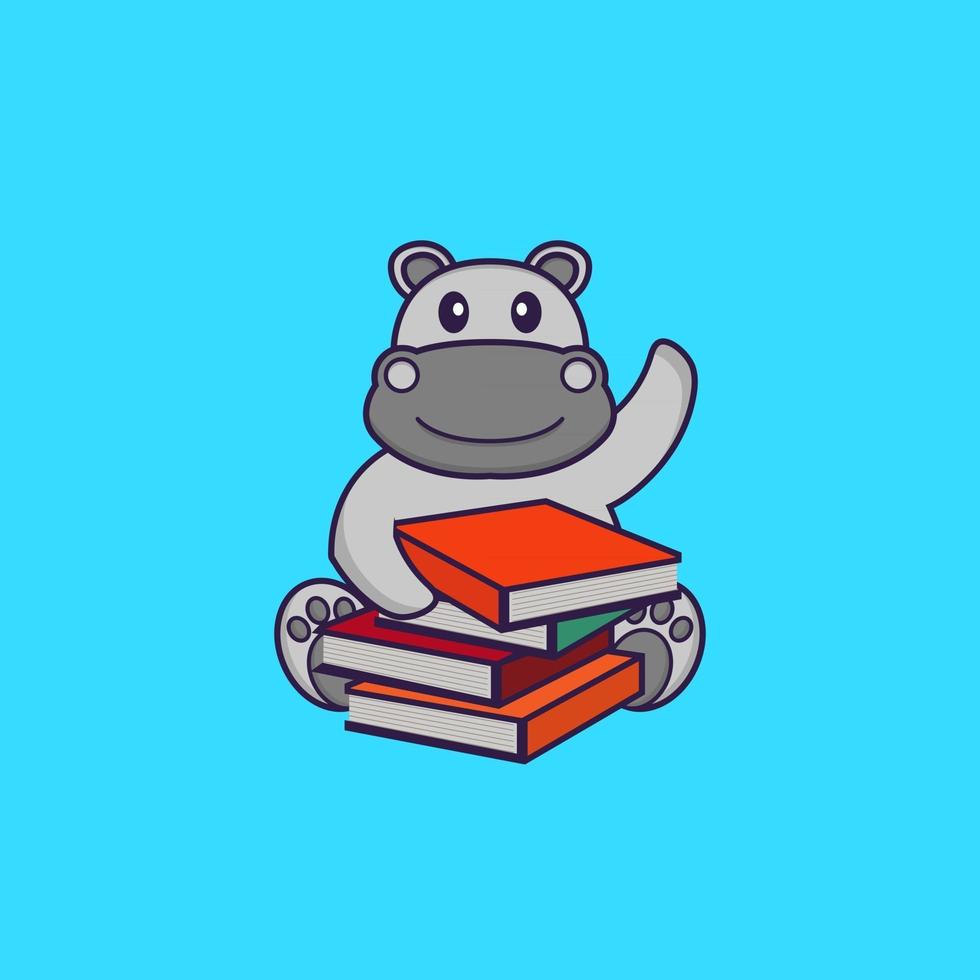 hippopotame mignon lisant un livre. concept de dessin animé animal isolé. peut être utilisé pour un t-shirt, une carte de voeux, une carte d'invitation ou une mascotte. style cartoon plat vecteur