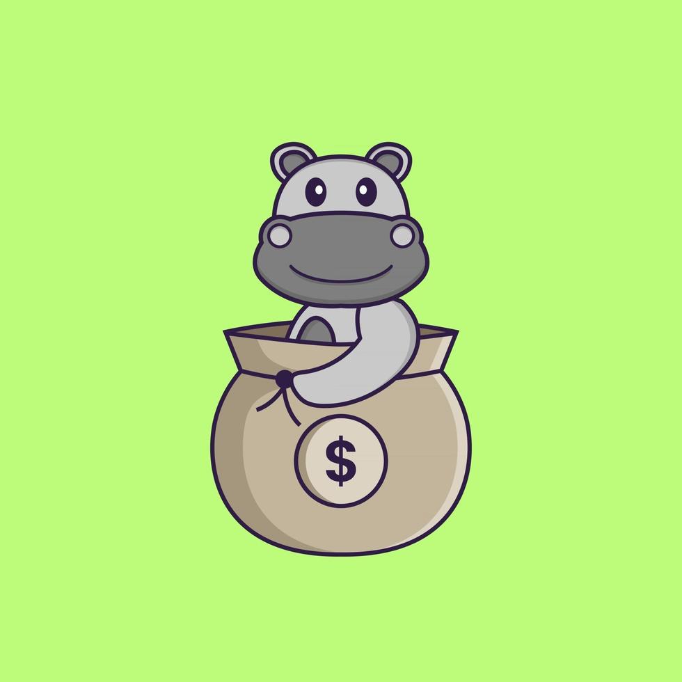 hippopotame mignon dans un sac d'argent. concept de dessin animé animal isolé. peut être utilisé pour un t-shirt, une carte de voeux, une carte d'invitation ou une mascotte. style cartoon plat vecteur