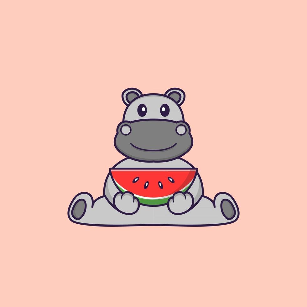 hippopotame mignon mangeant de la pastèque. concept de dessin animé animal isolé. peut être utilisé pour un t-shirt, une carte de voeux, une carte d'invitation ou une mascotte. style cartoon plat vecteur