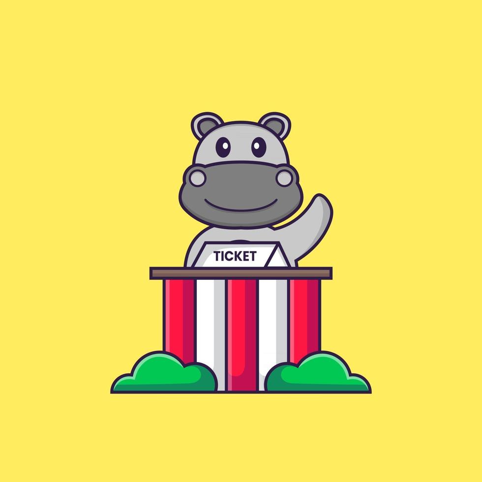 l'hippopotame mignon est un gardien de billets. concept de dessin animé animal isolé. peut être utilisé pour un t-shirt, une carte de voeux, une carte d'invitation ou une mascotte. style cartoon plat vecteur