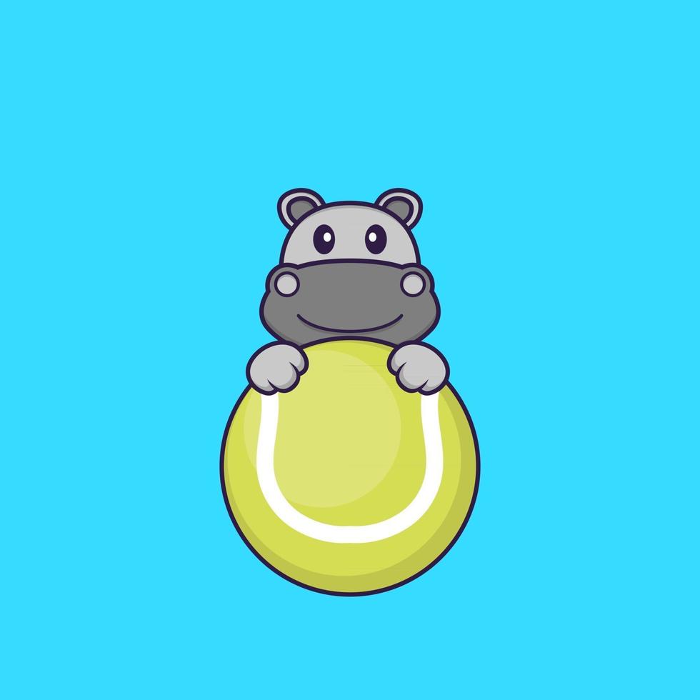 hippopotame mignon jouant au tennis. concept de dessin animé animal isolé. peut être utilisé pour un t-shirt, une carte de voeux, une carte d'invitation ou une mascotte. style cartoon plat vecteur