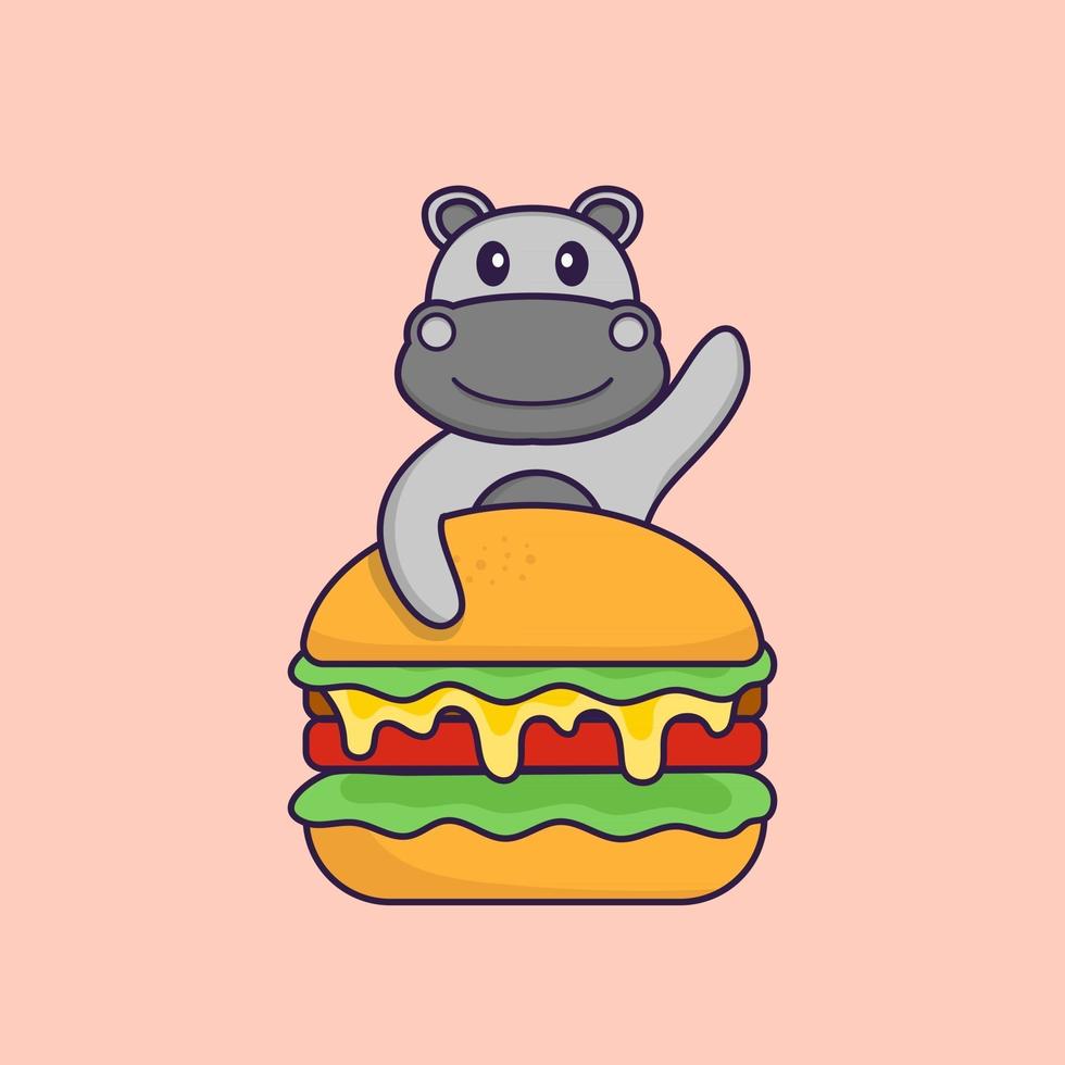 hippopotame mignon mangeant un hamburger. concept de dessin animé animal isolé. peut être utilisé pour un t-shirt, une carte de voeux, une carte d'invitation ou une mascotte. style cartoon plat vecteur