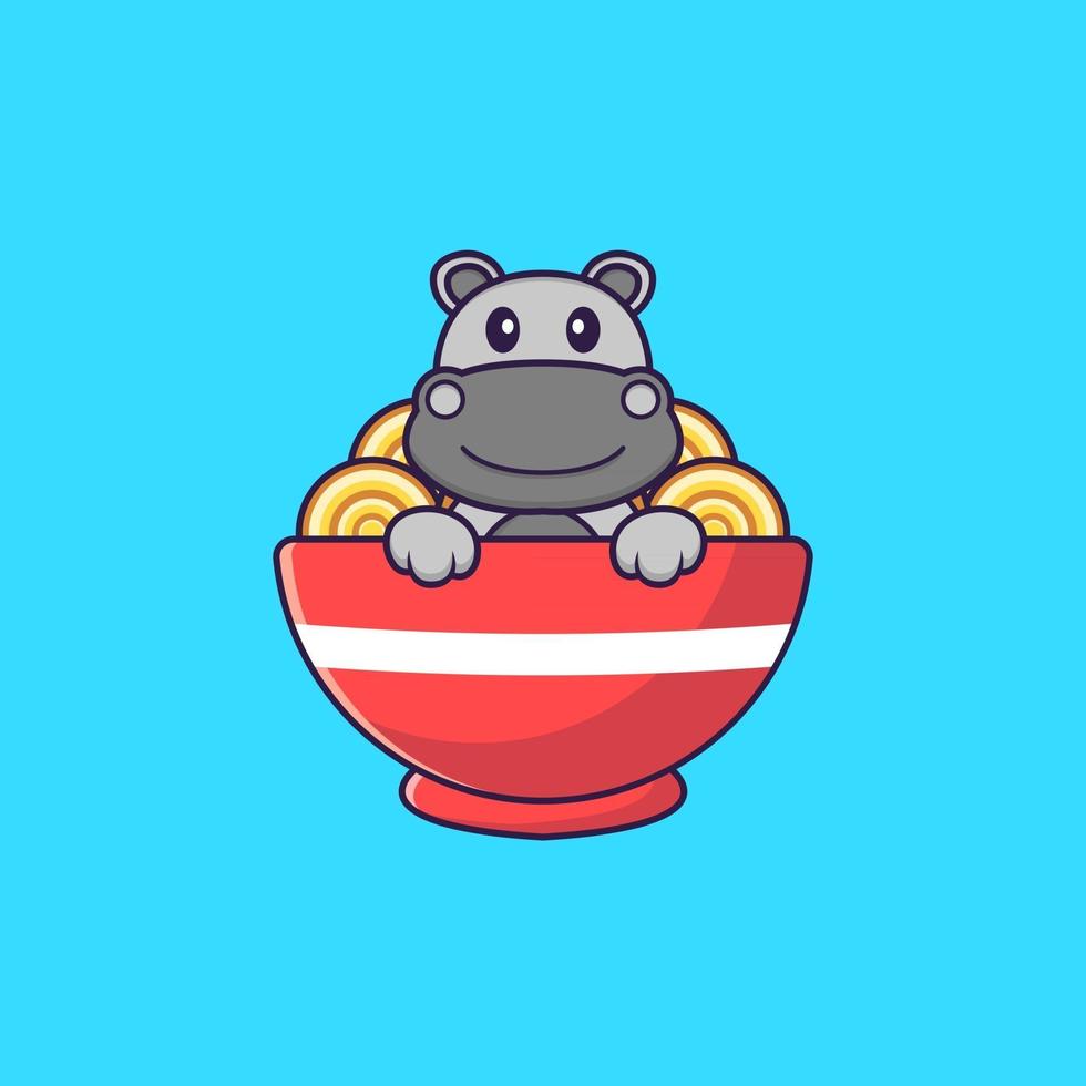 hippopotame mignon mangeant des nouilles ramen. concept de dessin animé animal isolé. peut être utilisé pour un t-shirt, une carte de voeux, une carte d'invitation ou une mascotte. style cartoon plat vecteur