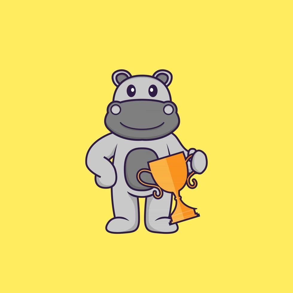 hippopotame mignon tenant un trophée d'or. concept de dessin animé animal isolé. peut être utilisé pour un t-shirt, une carte de voeux, une carte d'invitation ou une mascotte. style cartoon plat vecteur