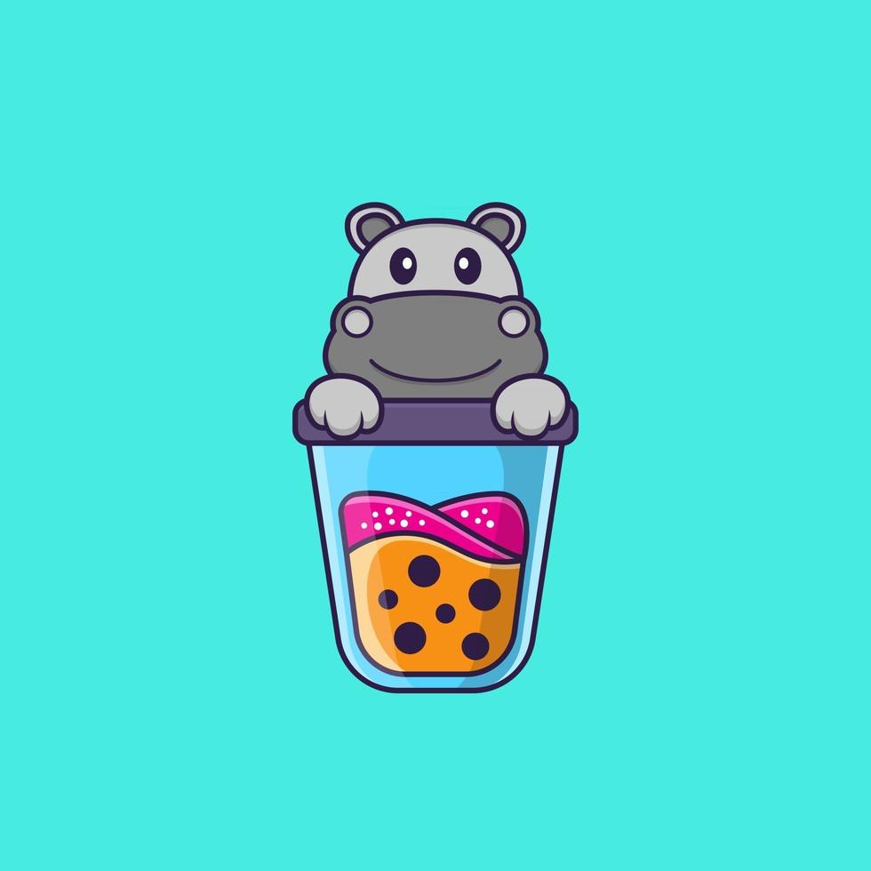 hippopotame mignon buvant du thé au lait boba. concept de dessin animé animal isolé. peut être utilisé pour un t-shirt, une carte de voeux, une carte d'invitation ou une mascotte. style cartoon plat vecteur