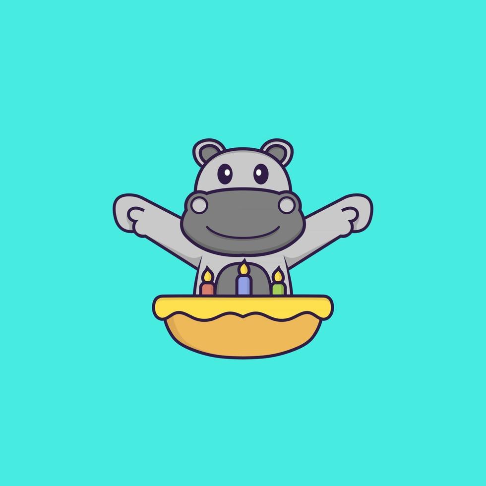 hippopotame mignon avec gâteau d'anniversaire. concept de dessin animé animal isolé. peut être utilisé pour un t-shirt, une carte de voeux, une carte d'invitation ou une mascotte. style cartoon plat vecteur