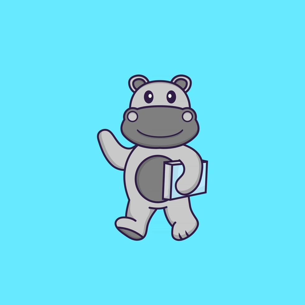hippopotame mignon tenant un livre. concept de dessin animé animal isolé. peut être utilisé pour un t-shirt, une carte de voeux, une carte d'invitation ou une mascotte. style cartoon plat vecteur
