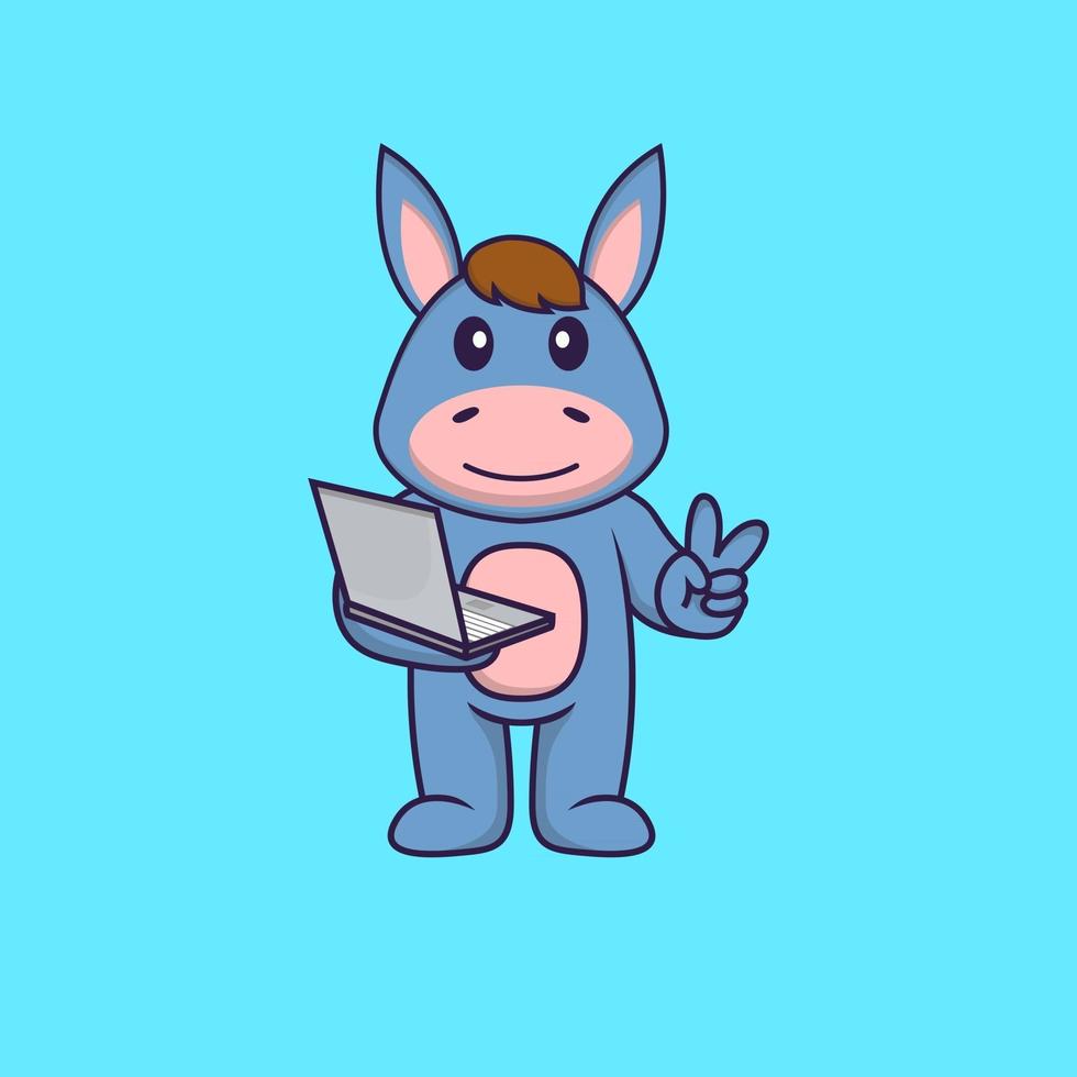 lama mignon tenant un ordinateur portable. concept de dessin animé animal isolé. peut être utilisé pour un t-shirt, une carte de voeux, une carte d'invitation ou une mascotte. style cartoon plat vecteur
