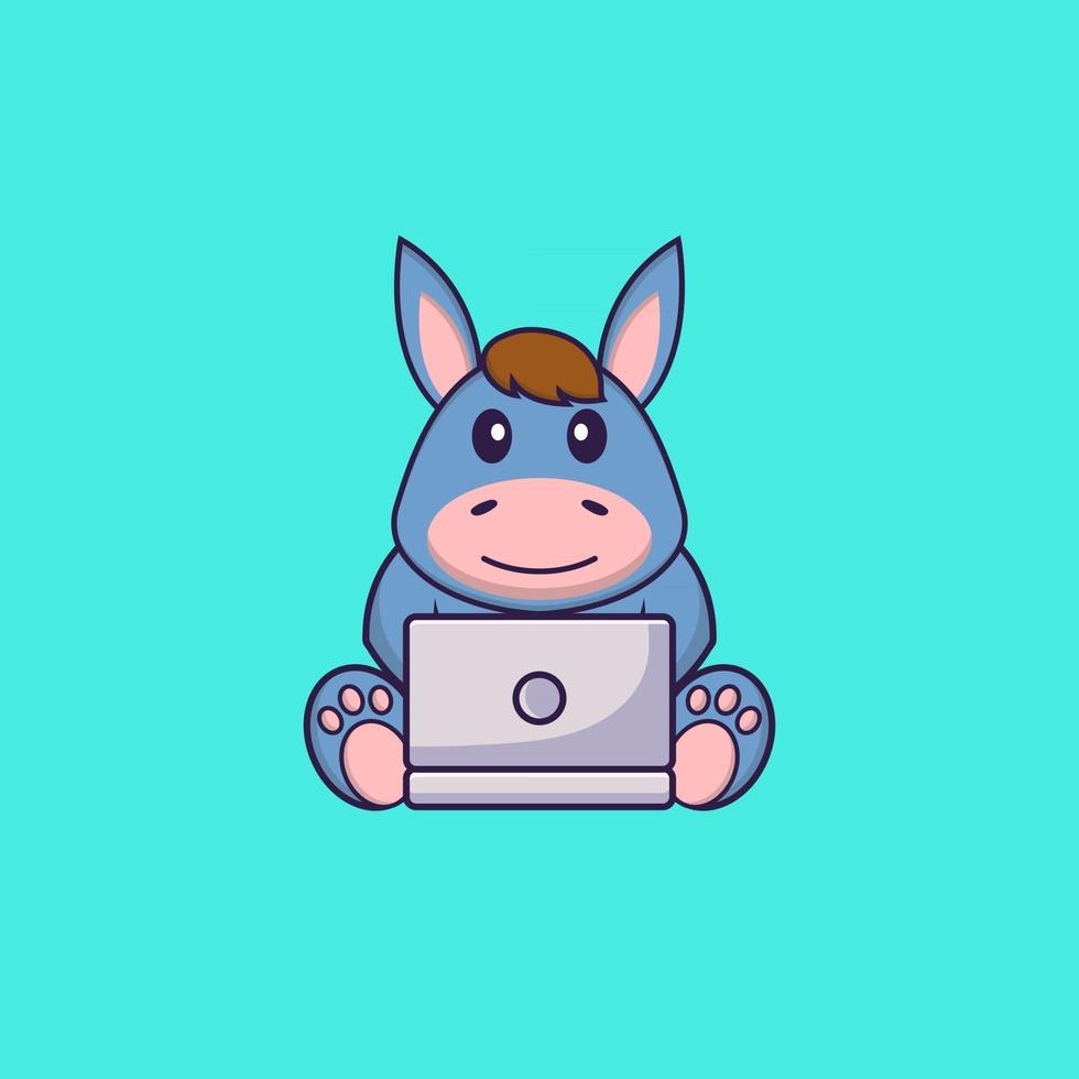 lama mignon utilisant un ordinateur portable. concept de dessin animé animal isolé. peut être utilisé pour un t-shirt, une carte de voeux, une carte d'invitation ou une mascotte. style cartoon plat vecteur