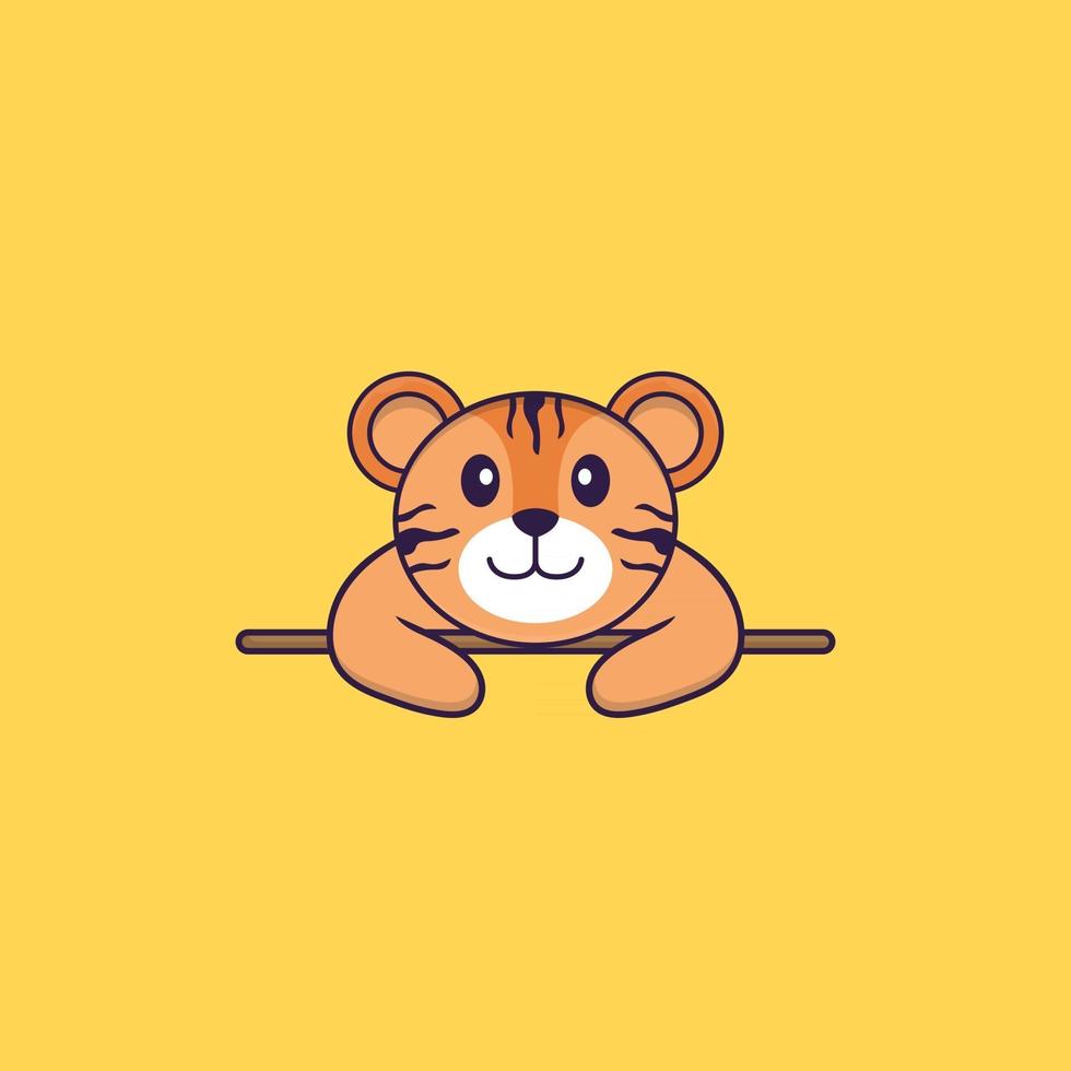 tigre mignon couché. concept de dessin animé animal isolé. peut être utilisé pour un t-shirt, une carte de voeux, une carte d'invitation ou une mascotte. style cartoon plat vecteur