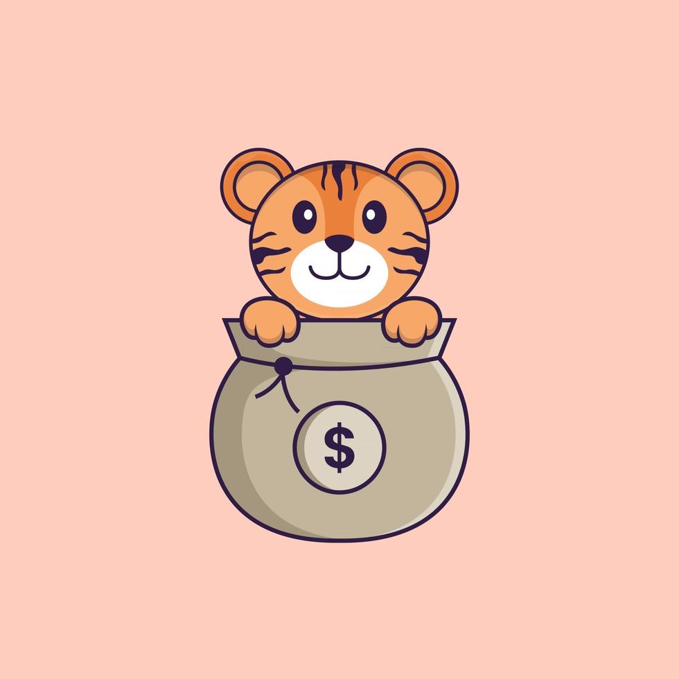tigre mignon jouant dans un sac d'argent. concept de dessin animé animal isolé. peut être utilisé pour un t-shirt, une carte de voeux, une carte d'invitation ou une mascotte. style cartoon plat vecteur