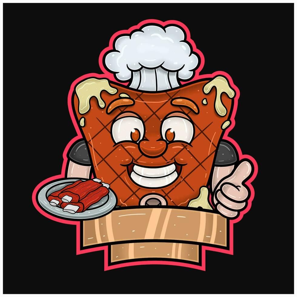 mascotte dessin animé de Viande steak avec Viande dans assiette et content affronter. avec Vide signe. pour nourriture, Viande, barbecue et du boeuf logo. vecteur