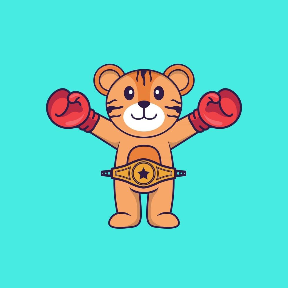 mignon tigre en costume de boxeur avec ceinture de champion. concept de dessin animé animal isolé. peut être utilisé pour un t-shirt, une carte de voeux, une carte d'invitation ou une mascotte. style cartoon plat vecteur