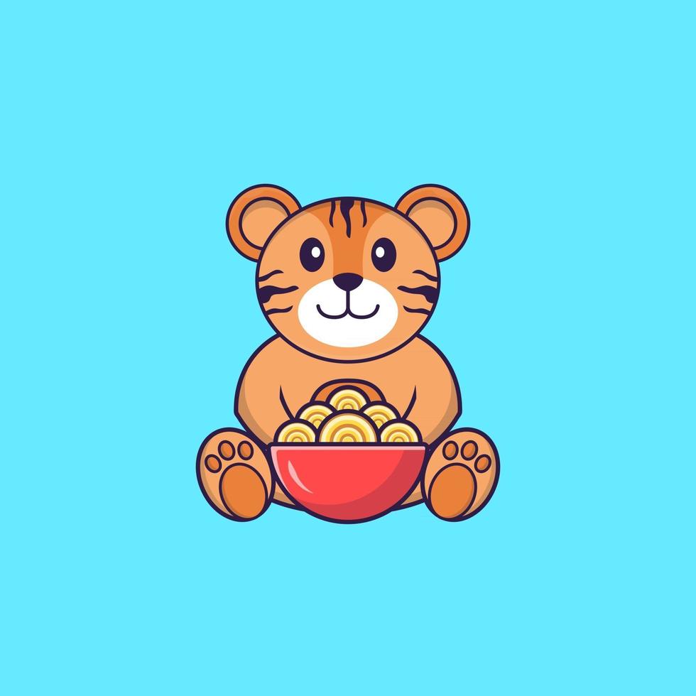 tigre mignon mangeant des nouilles ramen. concept de dessin animé animal isolé. peut être utilisé pour un t-shirt, une carte de voeux, une carte d'invitation ou une mascotte. style cartoon plat vecteur