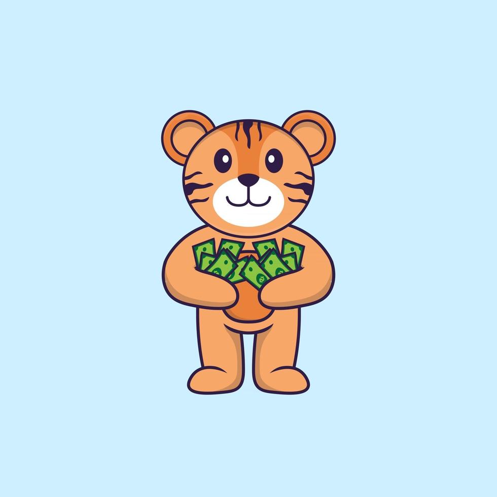 tigre mignon tenant de l'argent. concept de dessin animé animal isolé. peut être utilisé pour un t-shirt, une carte de voeux, une carte d'invitation ou une mascotte. style cartoon plat vecteur