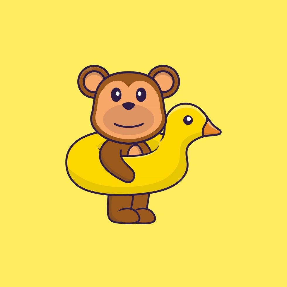 singe mignon avec bouée de canard. concept de dessin animé animal isolé. peut être utilisé pour un t-shirt, une carte de voeux, une carte d'invitation ou une mascotte. style cartoon plat vecteur