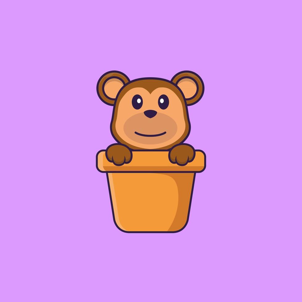 singe mignon dans un vase à fleurs. concept de dessin animé animal isolé. peut être utilisé pour un t-shirt, une carte de voeux, une carte d'invitation ou une mascotte. style cartoon plat vecteur