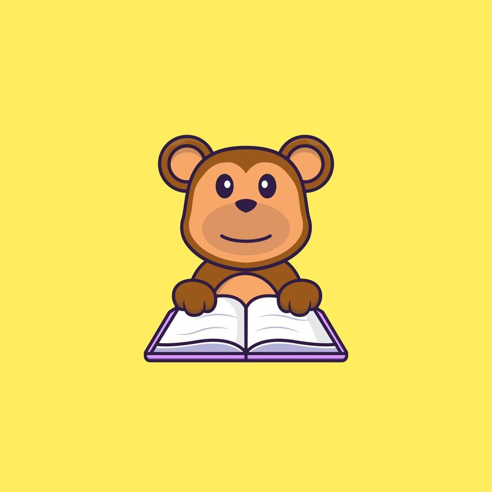 singe mignon lisant un livre. concept de dessin animé animal isolé. peut être utilisé pour un t-shirt, une carte de voeux, une carte d'invitation ou une mascotte. style cartoon plat vecteur