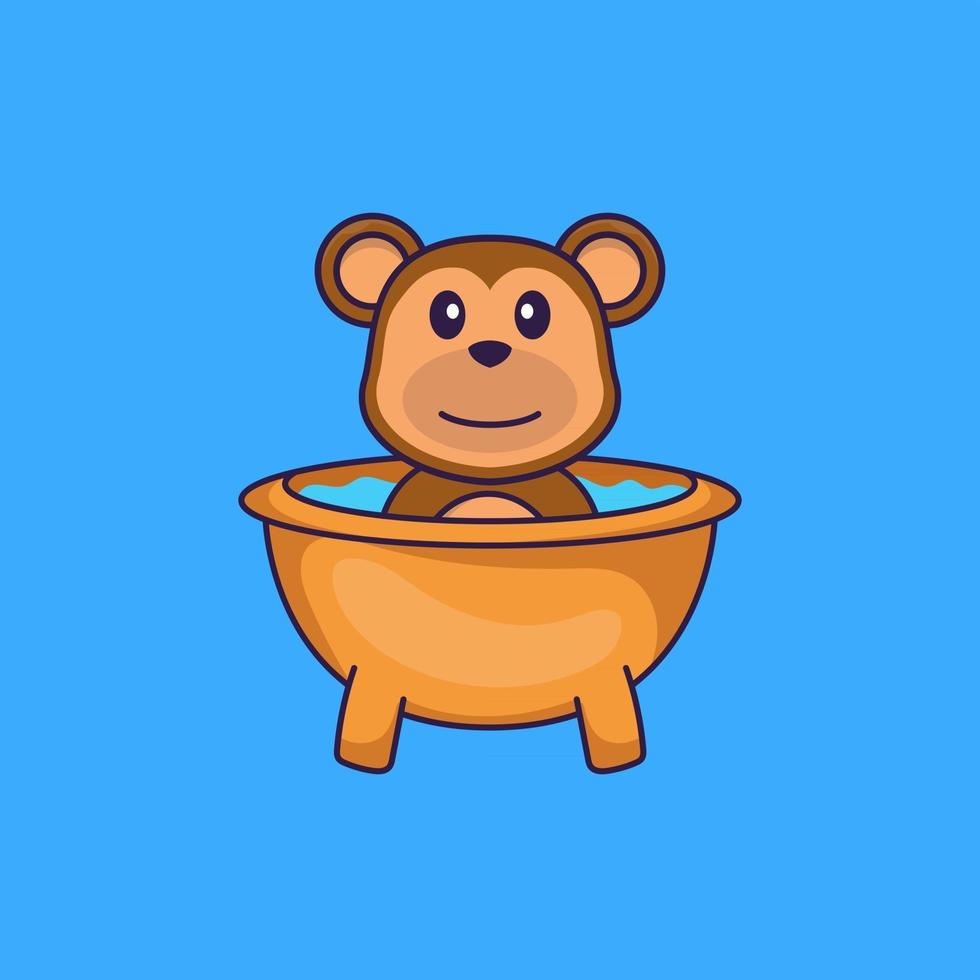 singe mignon prenant un bain dans la baignoire. concept de dessin animé animal isolé. peut être utilisé pour un t-shirt, une carte de voeux, une carte d'invitation ou une mascotte. style cartoon plat vecteur