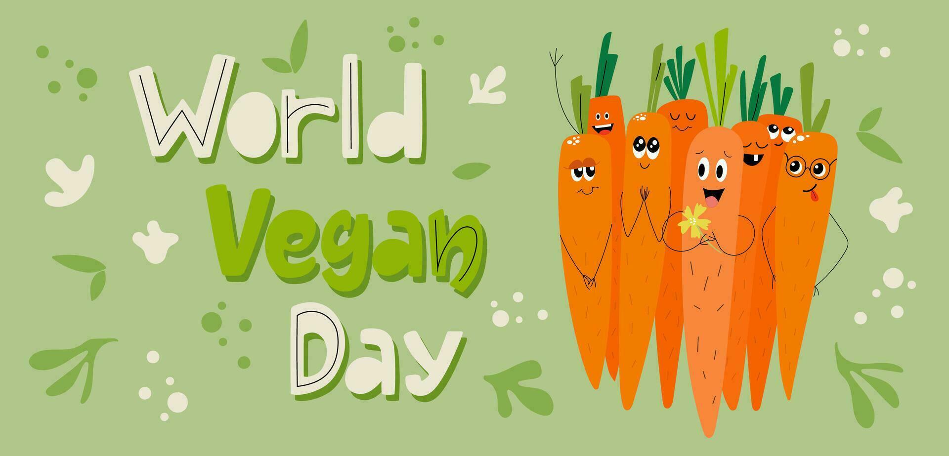 monde végétalien journée bannière avec main tiré caractères composition et émotif carottes. vecteur