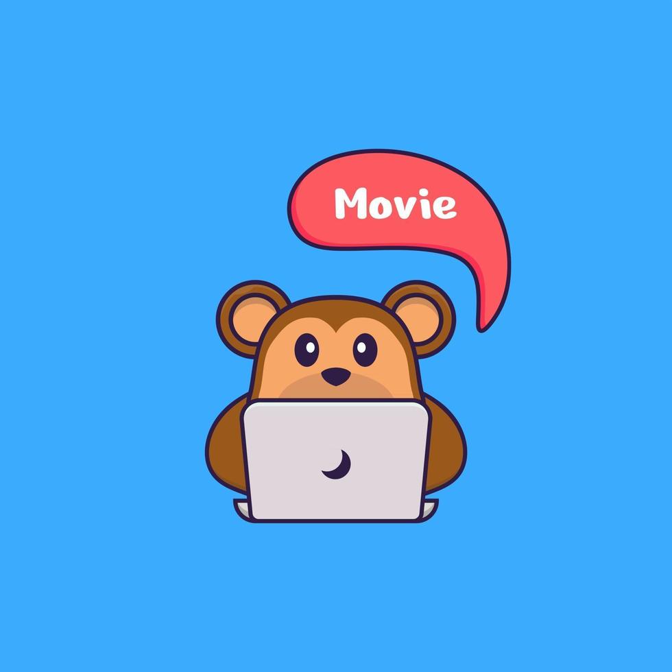 singe mignon regarde un film. concept de dessin animé animal isolé. peut être utilisé pour un t-shirt, une carte de voeux, une carte d'invitation ou une mascotte. style cartoon plat vecteur