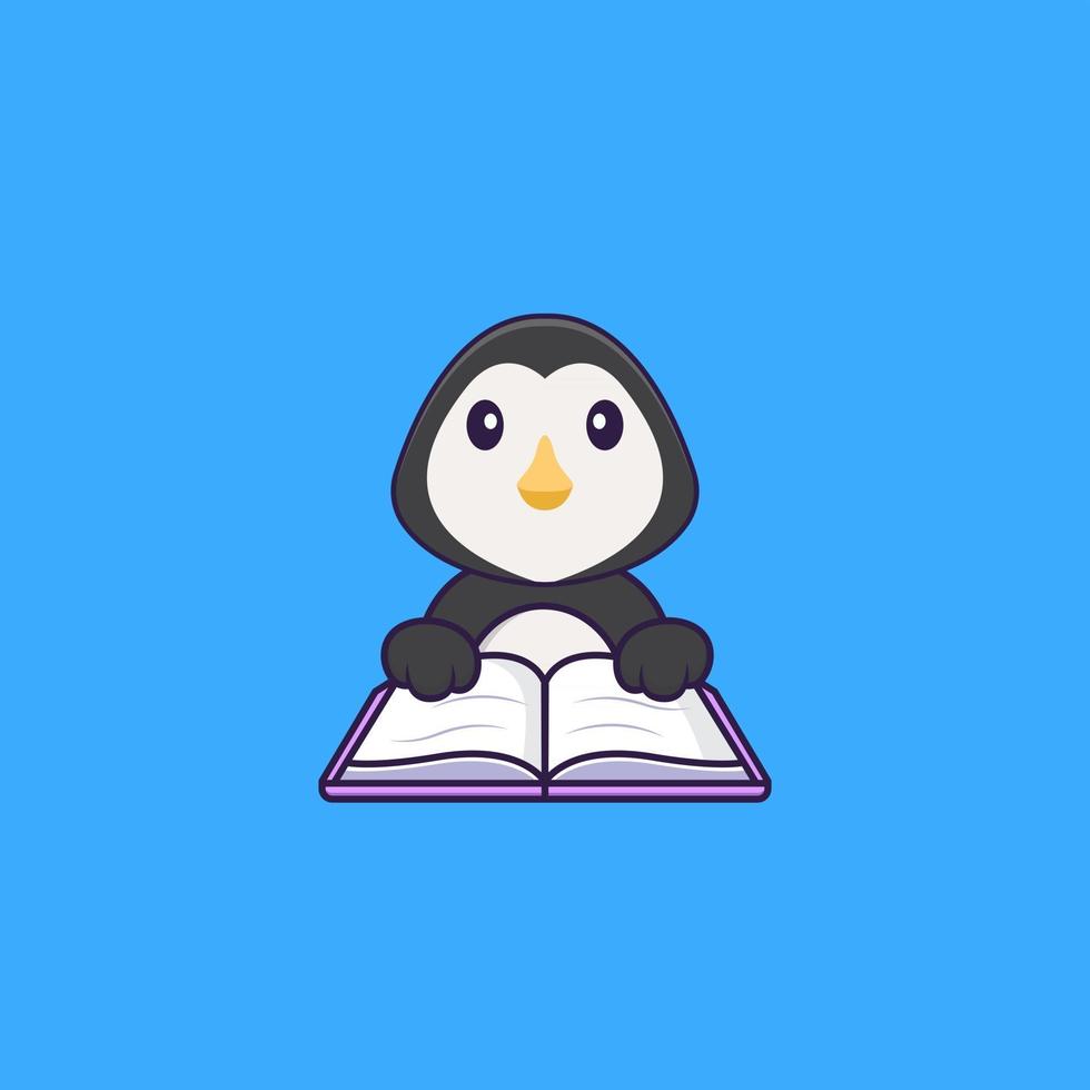 pingouin mignon lisant un livre. concept de dessin animé animal isolé. peut être utilisé pour un t-shirt, une carte de voeux, une carte d'invitation ou une mascotte. style cartoon plat vecteur