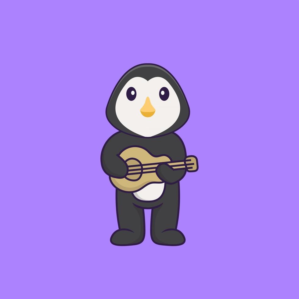 pingouin mignon jouant de la guitare. concept de dessin animé animal isolé. peut être utilisé pour un t-shirt, une carte de voeux, une carte d'invitation ou une mascotte. style cartoon plat vecteur